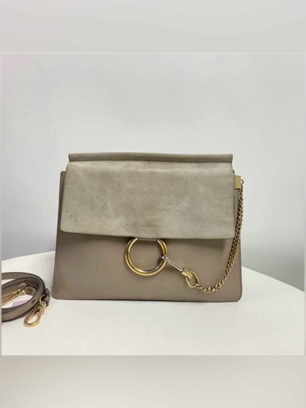 CHLOE Chic Grey Suede Calfskin Leather Medium Faye Shoulder Bag W/ Adjust. Strap
